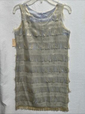 Moka by Zalia Ribau 100% Silk Grey/green w Yellow Fringe long slim cut Dress NWT